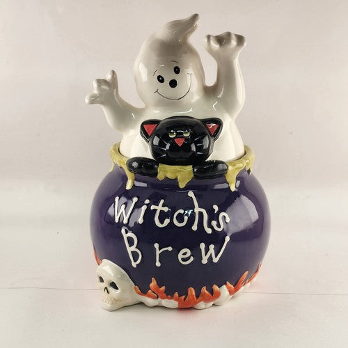 Witch's Brew Halloween Cookie Jar David's Cookies Ceramic Ghost Skull Black Cat