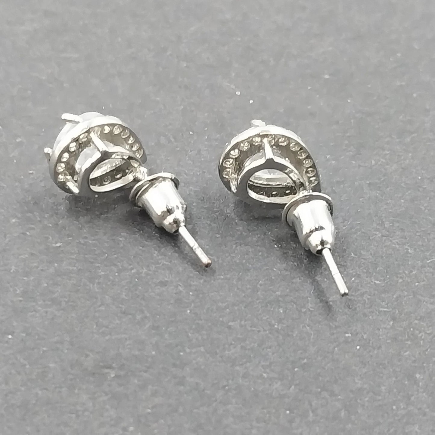 Silver Tone Faceted Teardrop Cut Halo Stud Earrings Clear Rhinestone Post Back