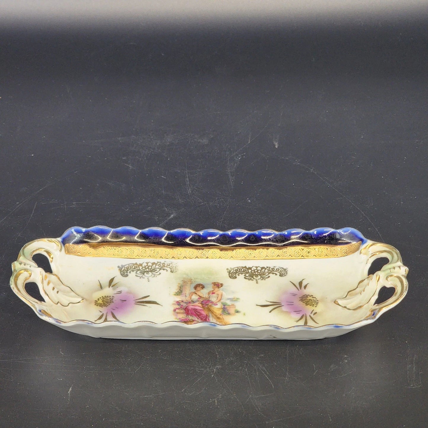German Porcelain Celery Tray Cobalt Blue Gold Roman Ladies Scene 1900's Antique