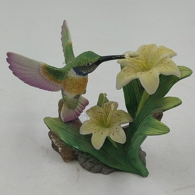 Hand-Painted Porcelain Hummingbird & Lily Figurine Decorative Collectible 2.75”