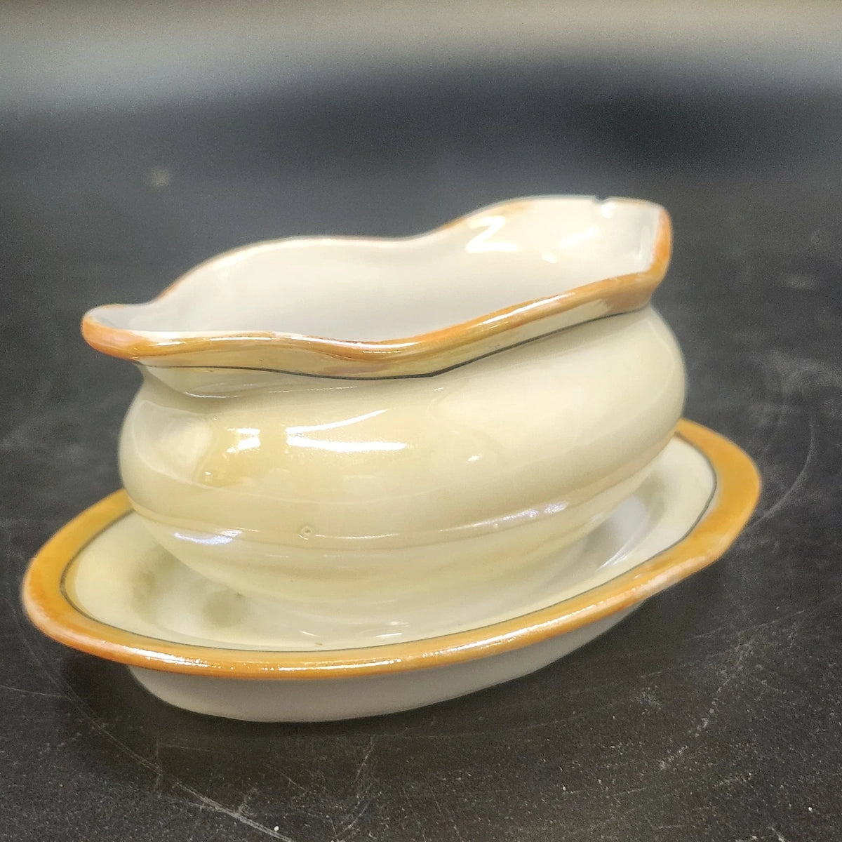 Porcelain Gravy Boat w Underplate 4.5" Floral Cream Orange Gold Trim Japan