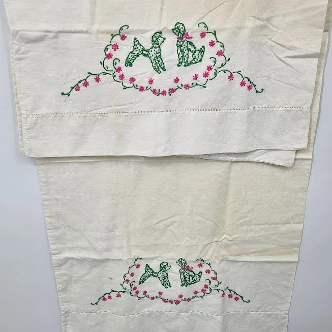 Poodle Embroidered Pillowcases Pair Pink Green Mid Century Kitschy 32" Vtg 1950s