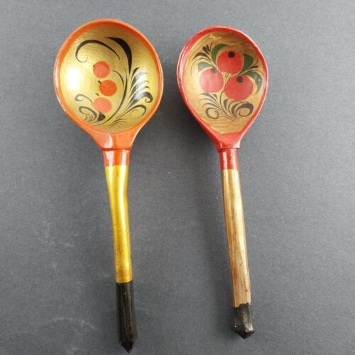 3 Wood Spoons Hand Painted Russian Khokhloma Lacquerware USSR Vintage Sizes Vary