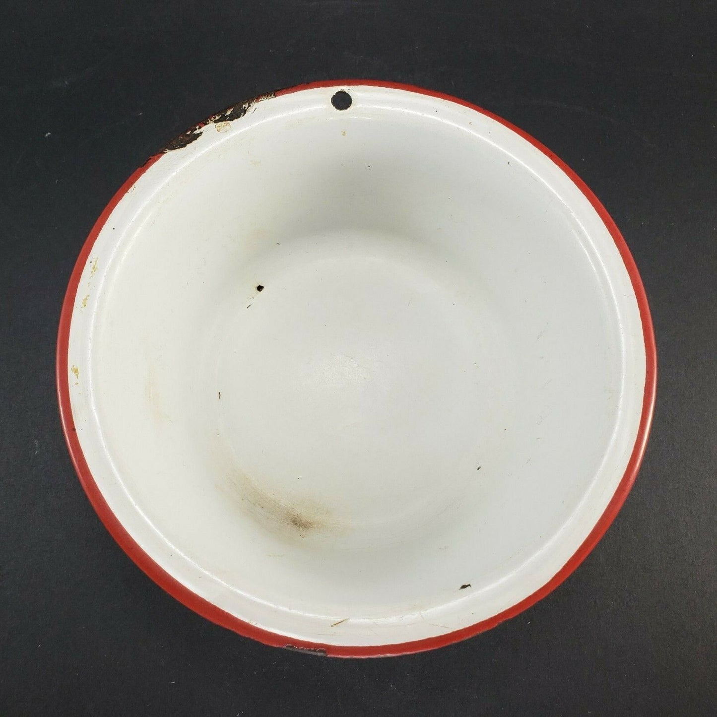 Depression Era Enamelware 7¼" x 2½" Metal Pan White Red Trim Round Bruised Areas
