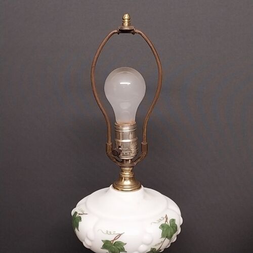 Milk Glass Table Lamp Hand-Painted Green Ivy 3-way Switch Wood Base 21" No Shade