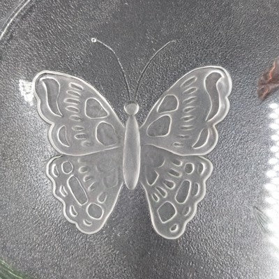 LE Smith 12.5" Clear Frosted Glass Plate Painted Iris & Butterfly Design Vtg
