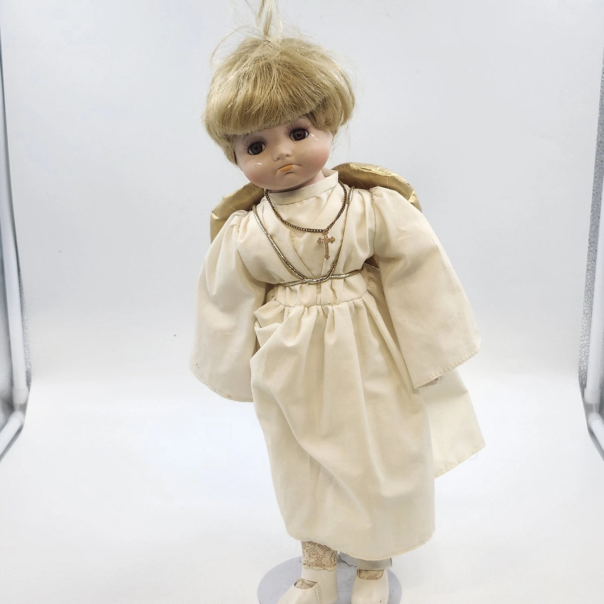 Porcelain Angel Doll Blonde White Robe Gold Wings Cross Stand 17" China Vintage