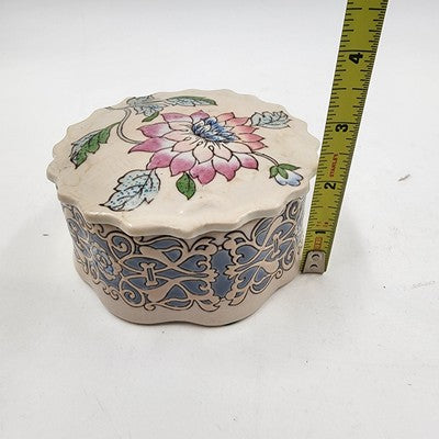 Embossed Ceramic Round Box w/ Lid Macau Pink Blue Floral Design 5"x2"