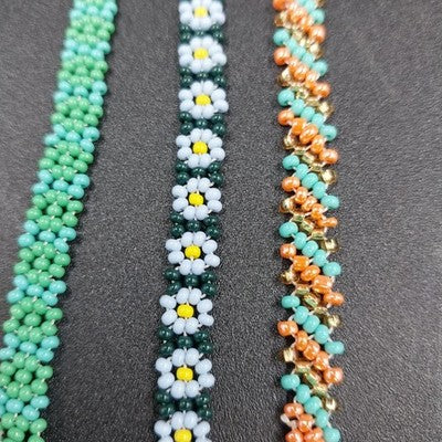 Lot of 3 Seed Beaded Bracelets Daisy Floral Turquoise & Multicolor Pattern 7 in