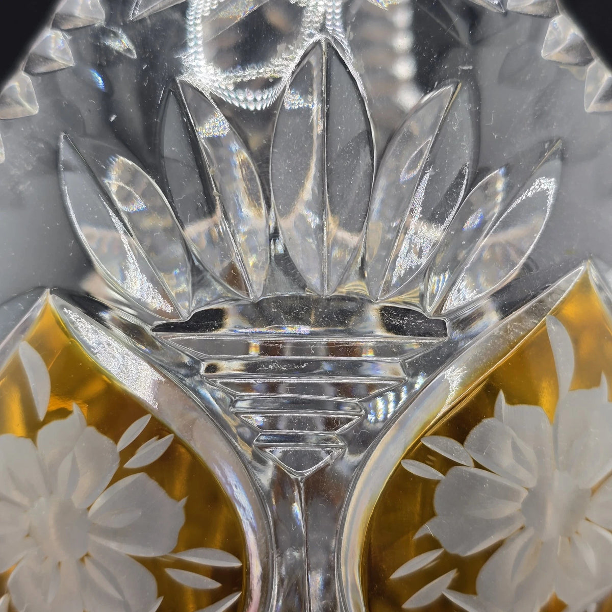 Cut Crystal Basket Amber Cut to Clear Etched Floral Handled 6" Vintage