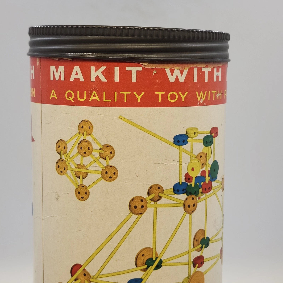 Makit Tinker Toy Vintage Wooden Construction Set Parts Move & Wheels Turn Vtg