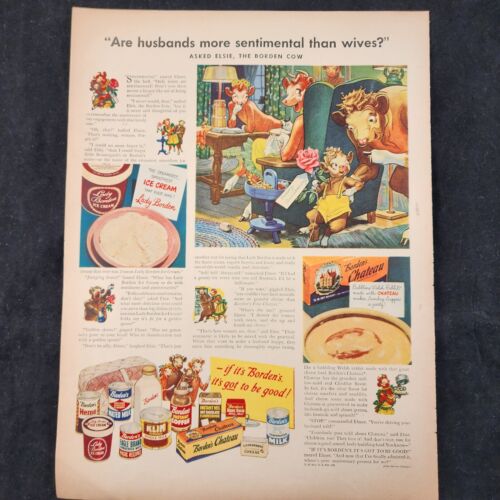 1948 Borden Dairy vintage print ad featuring Elsie Cow and Lady Borden