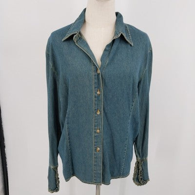 DCC Missy Denim Shirt Blouse XL Blue Cotton Long Sleeve Ruffled Cuffs Western