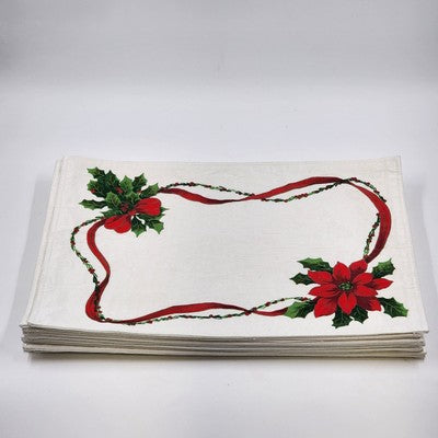 Set of 11 White Damask Placemats 18"x13" Holly Poinsettia Christmas Design