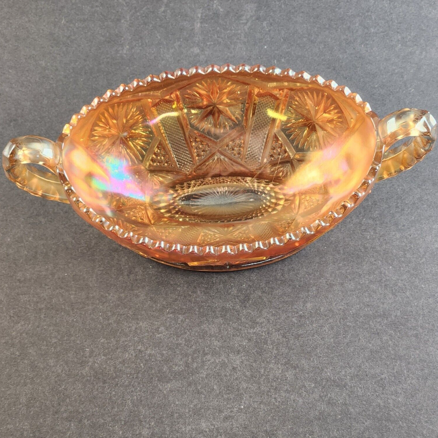 Carnival Marigold Glass Oval Dish Imperial Star & File Sawtooth Double Handle