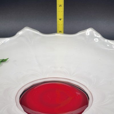 Indiana Glass White Footed Bowl Red Tulips Ruffled Edge Vintage