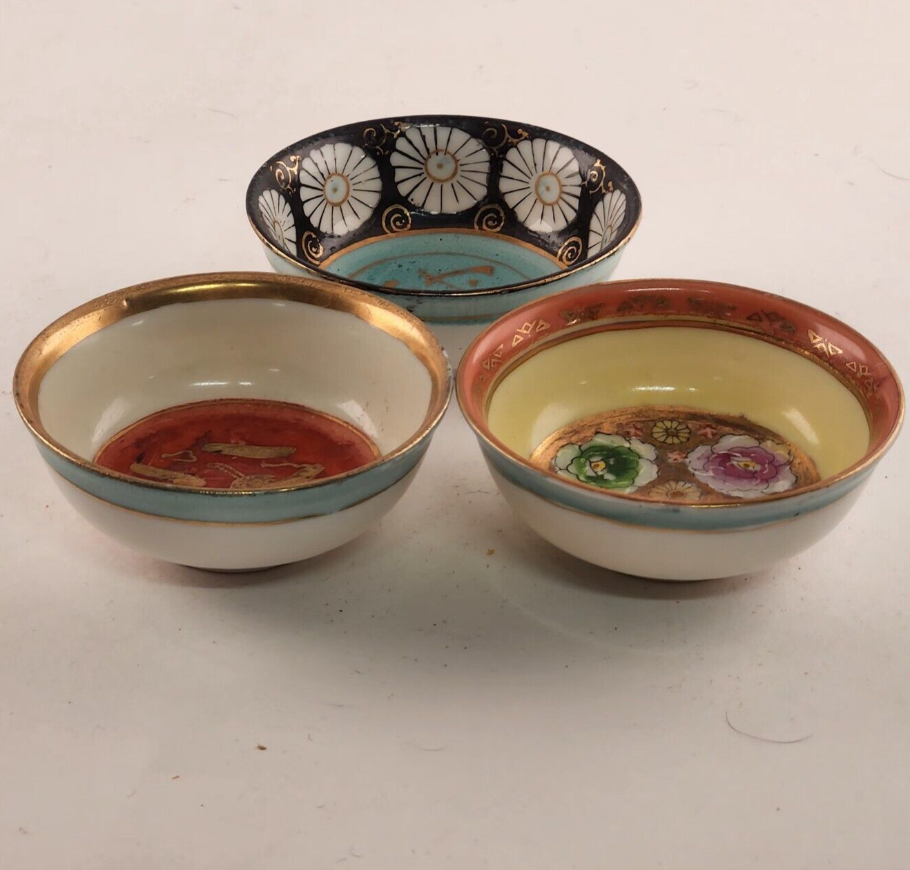 3 Small 3" Sake Bowls Cups Ceramic Various Patterns Made in Occupied Japan