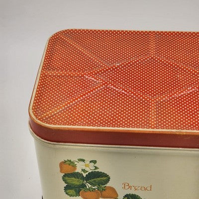 Cheinco Metal Tin Bread Box 13.5x9.5x8"h Strawberries & Leaf Red Lid Vintage MCM