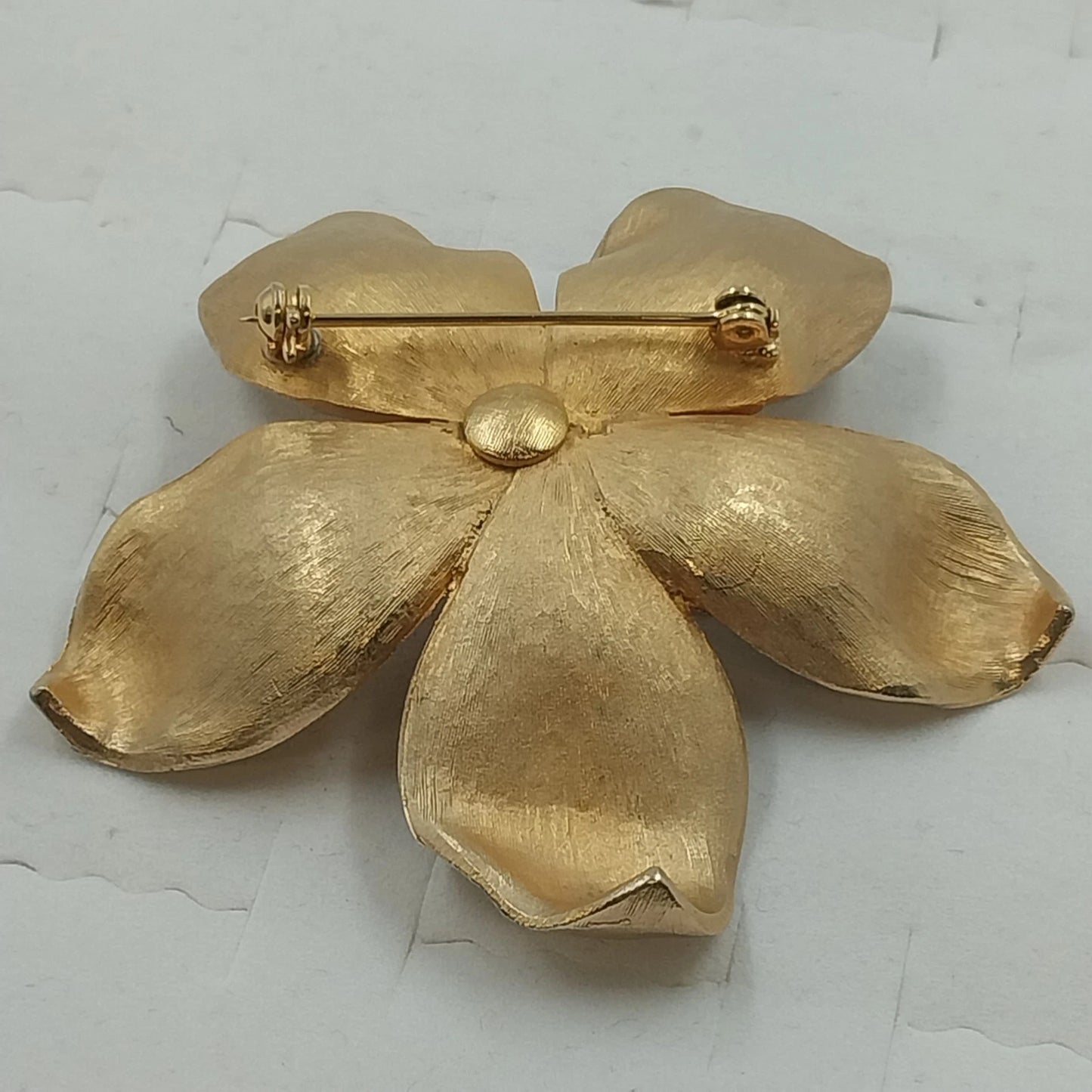 Kramer Gold Tone Flower Brooch Brushed Satin Multicolor Rhinestones Floral Pin