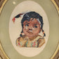 Vintage framed needlepoint portrait of Native American girl in oval wood frame