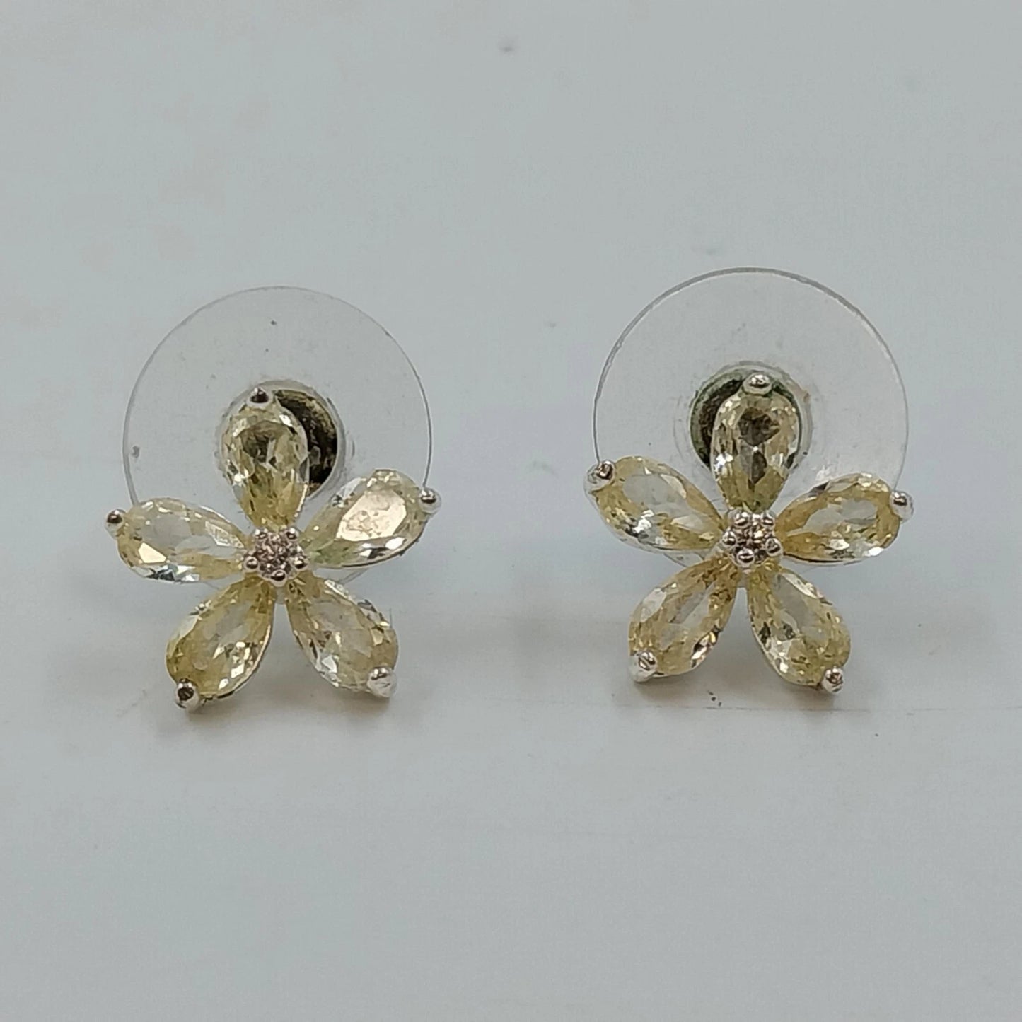 Yellow Flower Stud Earrings Pear Cut Faceted Stones Silver Tone Floral Jewelry