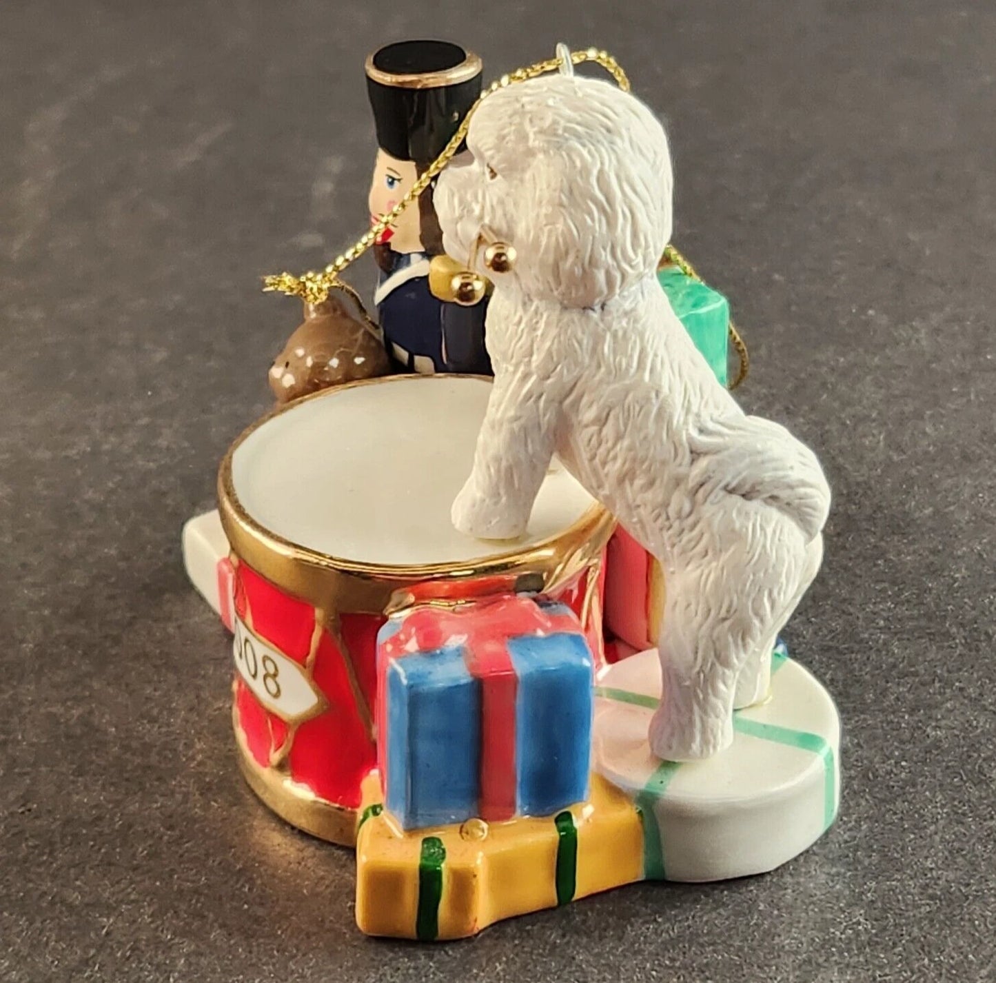 The Danbury Mint Christmas Ornament Drummer & Bichon Frise Dog 2008 Vintage