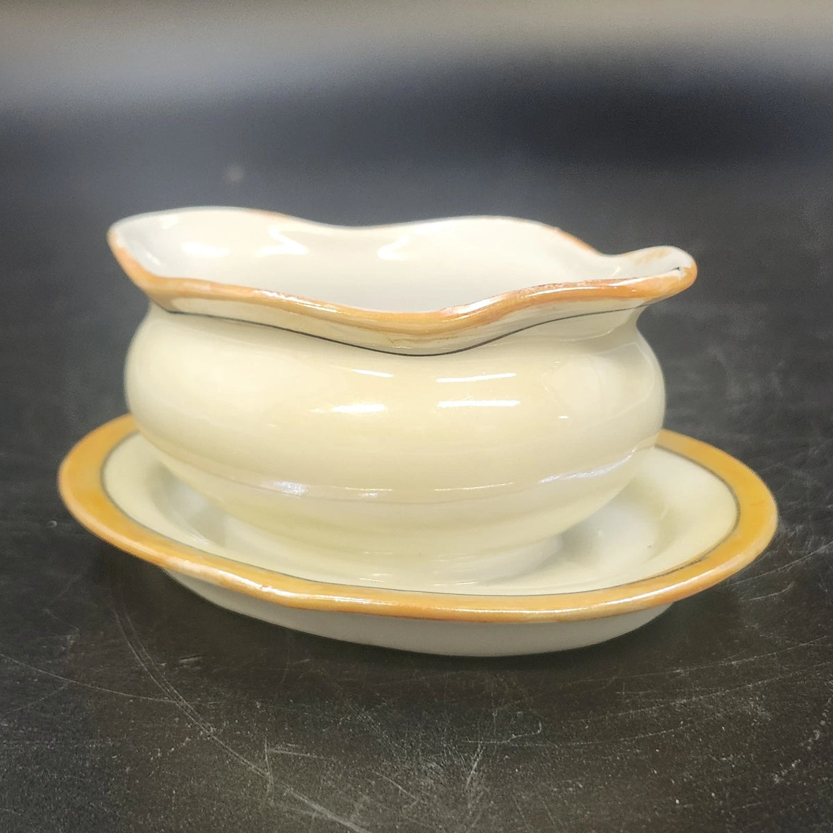 Porcelain Gravy Boat w Underplate 4.5" Floral Cream Orange Gold Trim Japan