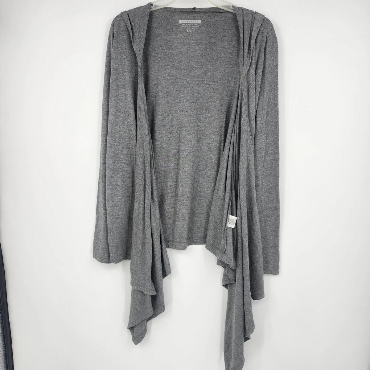 Attention Women’s L/G Gray Hooded Tie Front Cardigan Lightweight Draped