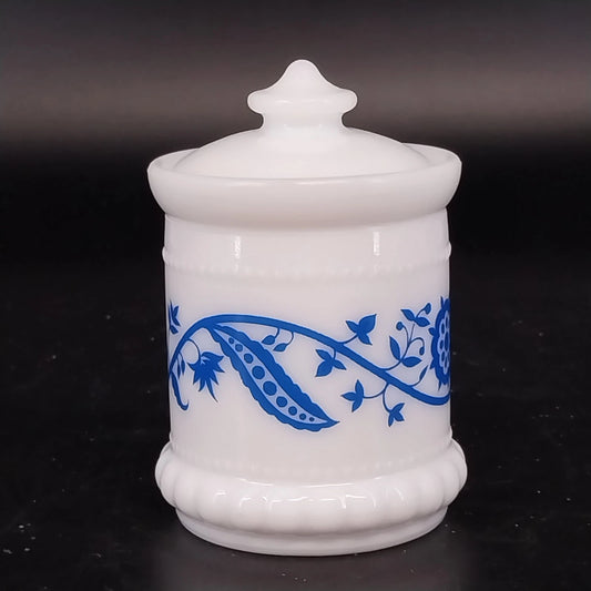 Hazel Atlas Milk Glass Jar w Lid Sweet Pea Blue Floral Vintage Cottagecore