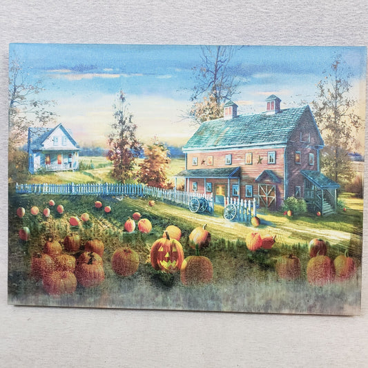 Canvas Print Autumn Country Landscape Farm Barn House Lights w/ Water Damage