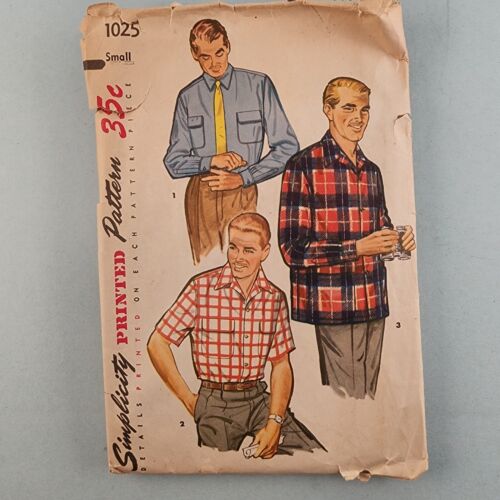 Simplicity 1025 Vintage Men's 1950's Shirt Sewing Printed Pattern Size Small