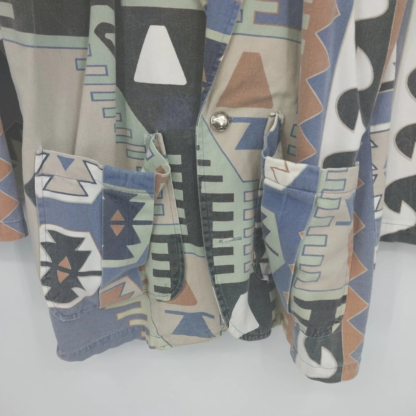 Geometric Blazer Pants Suit Set Blue Southwest Aztec Cotton Size 1 Vintage
