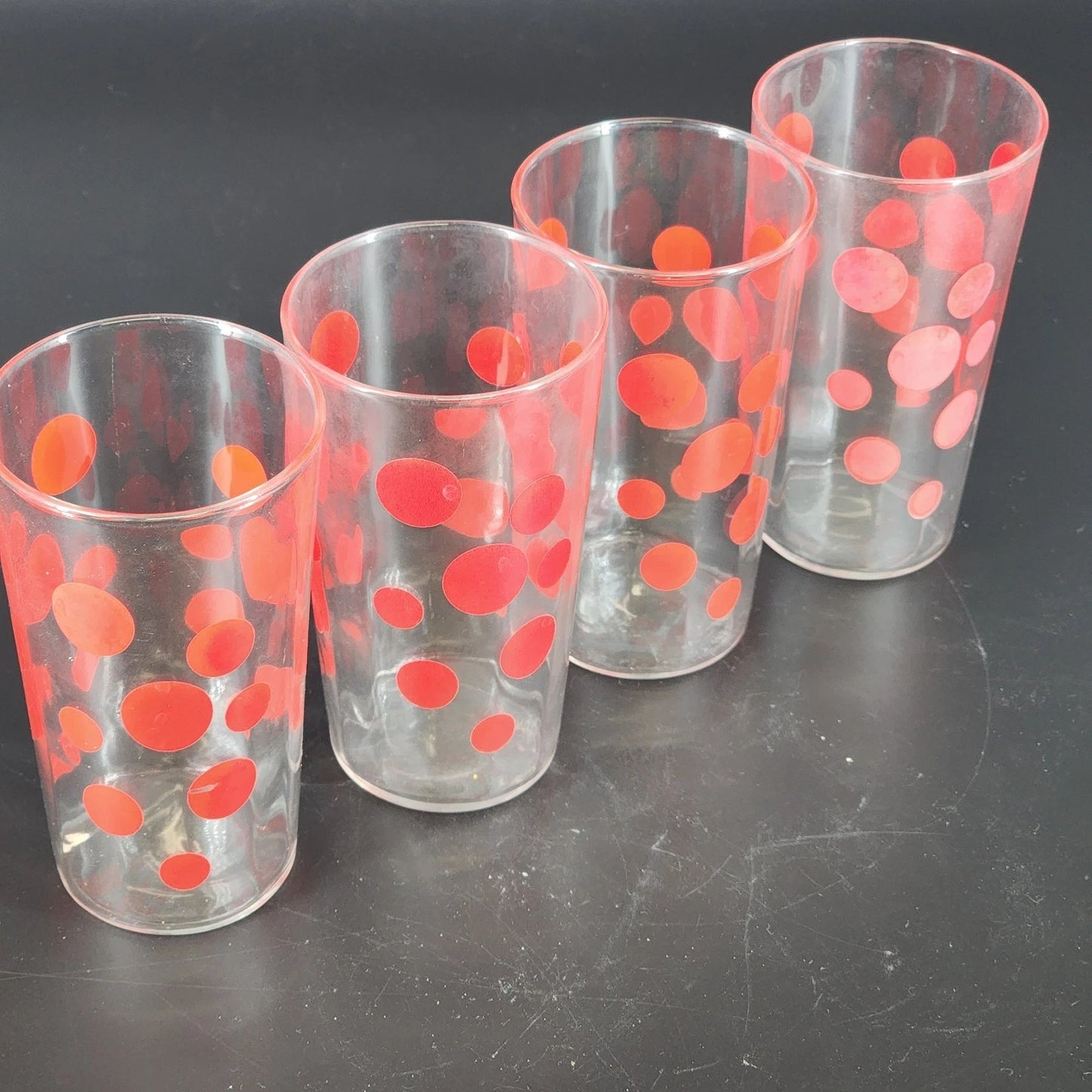 Red Polka Dot Glass Tumblers Set of 4 Clear Drinking Glasses 5" Tall 1960's Vtg