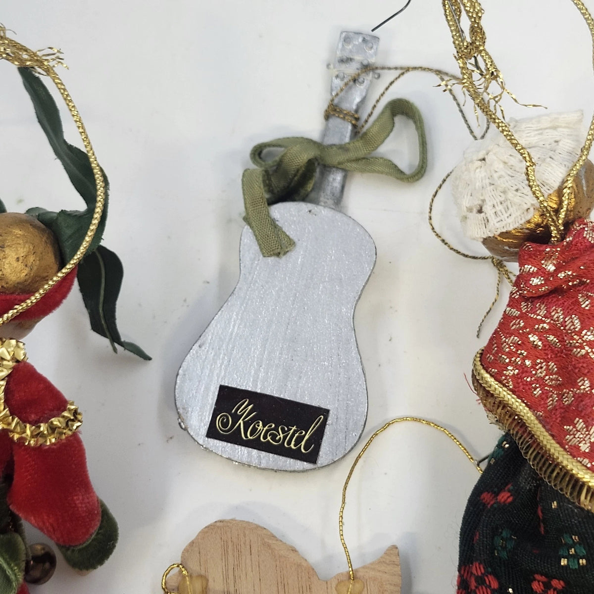 Christmas Ornaments Lot 4 Elf Knitting Lady Guitar Newfoundland Dog Mixed Media