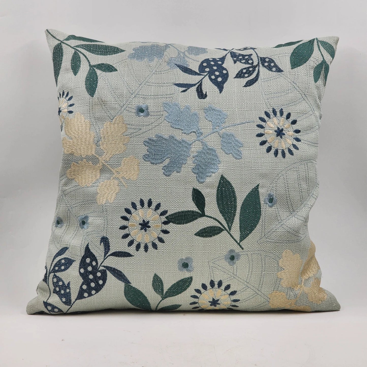 Decorative Down Throw Pillow 20"x20" Blues Embroidered Floral Leaf Cotton Canvas
