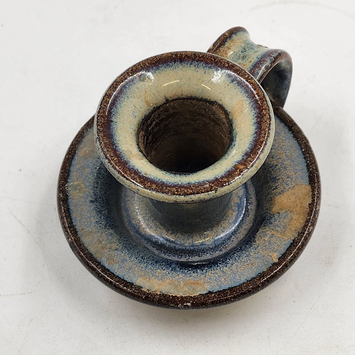 Doug Sassi Signed Pottery Candle Holder Vintage Blue Brown Handcrafted 4" x 2.5"