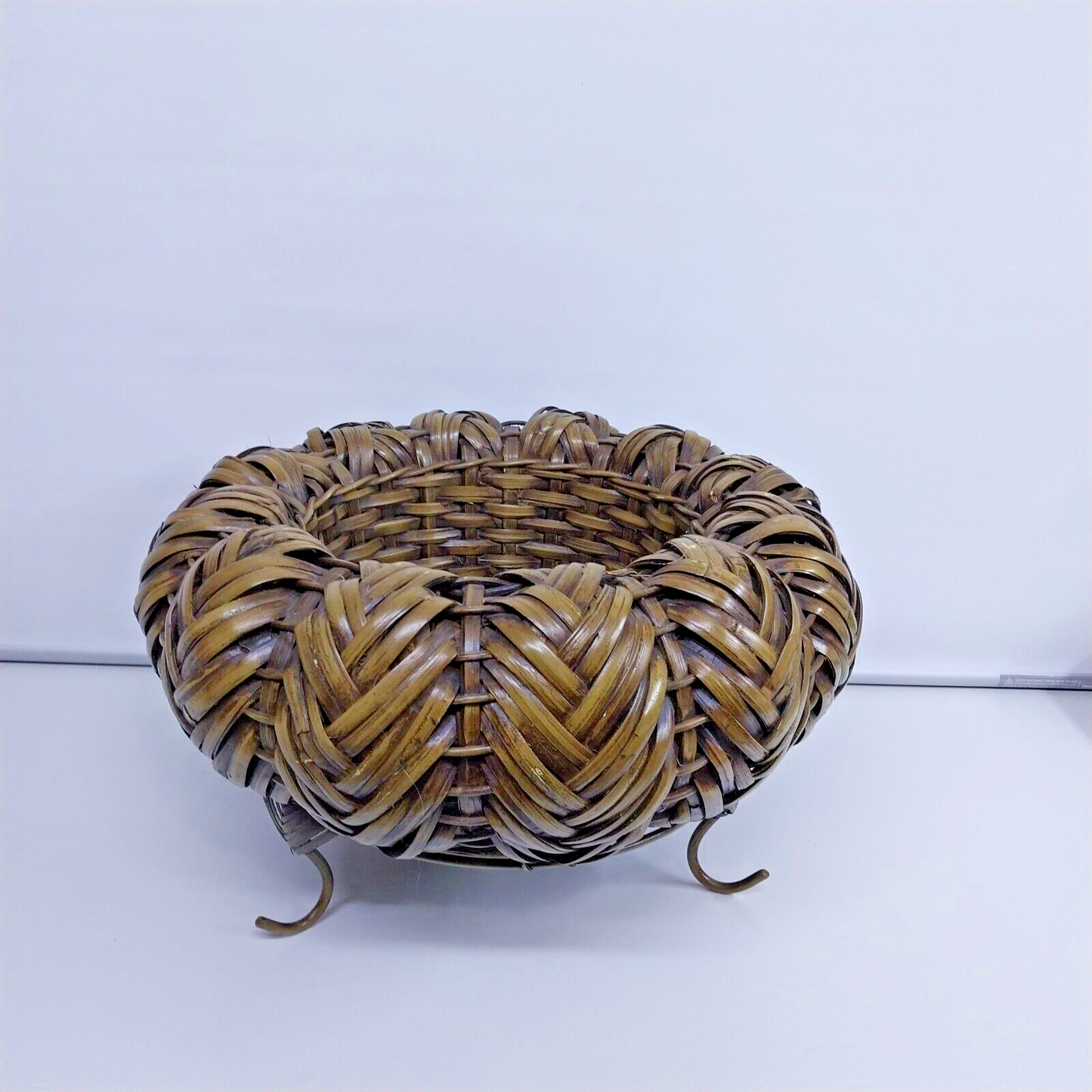 Handwoven Bamboo Ikebana Philippine Basket 18" Diameter x 11" High Footed Vtg