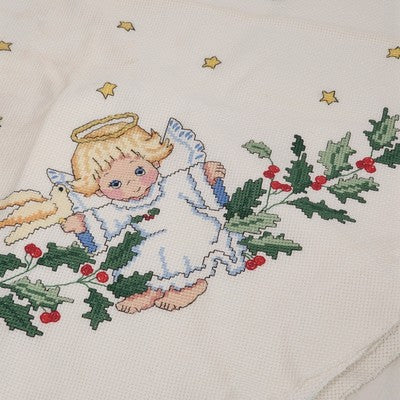 Holly & Angels 42" Round Christmas Tablecloth Counted Cross Stitch Stars