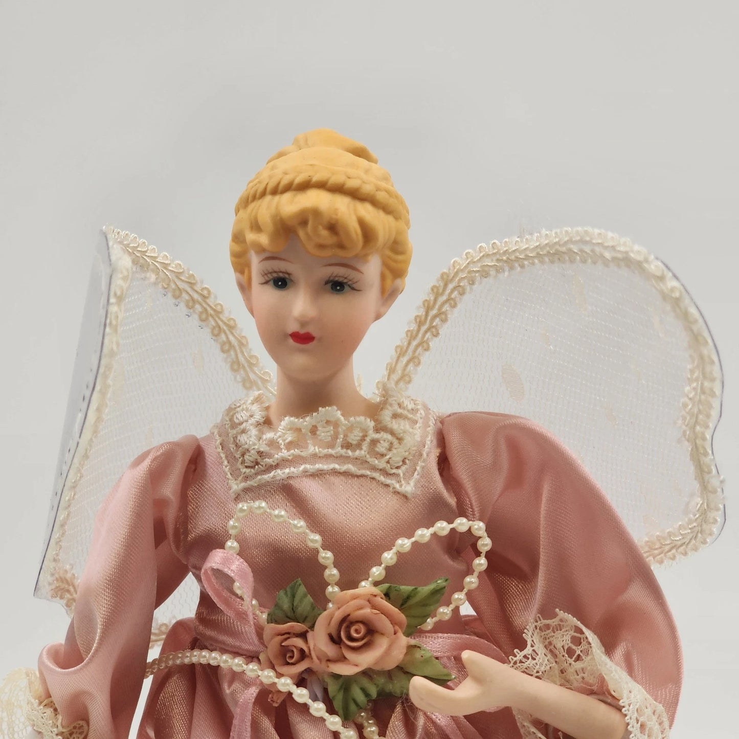 Christmas Tree Top Angel 10.5" Porcelain Head Hands Lace Freestanding Victorian