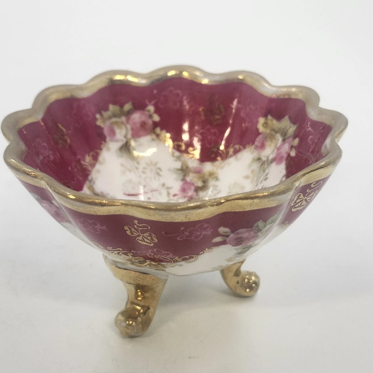 O&EG Royal Austria Porcelain Footed Bowl 3.75" Pink Gold Floral Scalloped Ribbed