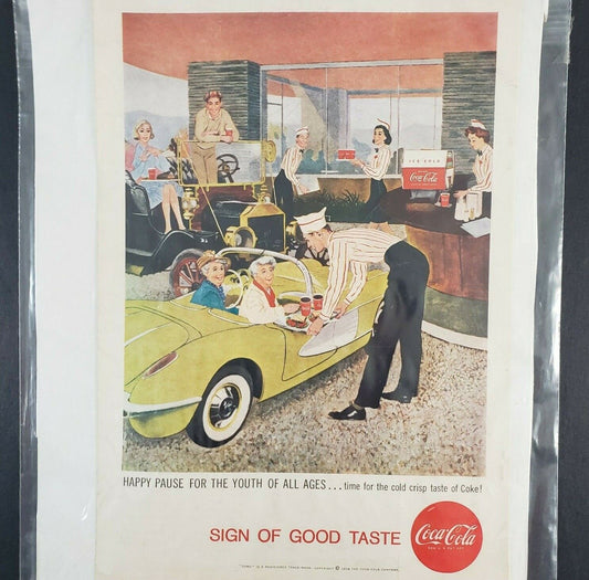 Coca-Cola Print Ad Corvette Car Hop Soda Jerk Drive-In Vintage Coke 1958