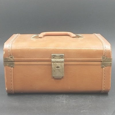Brown Naugahyde Overnight Train Makeup Case 12" Mirror Liner Water Damage 1950s