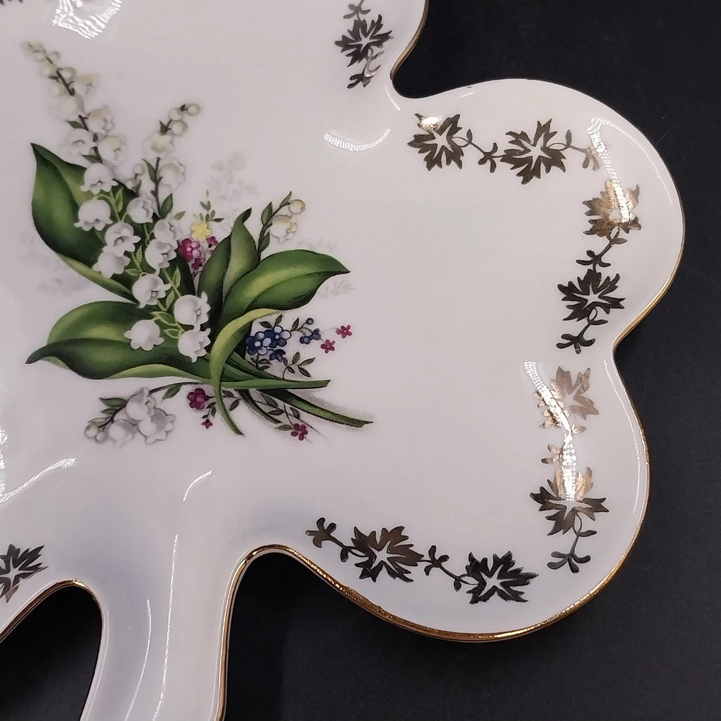 Handmade Czech Porcelain Clover Plate Lily of the Valley Gold Trim Trinket Dish