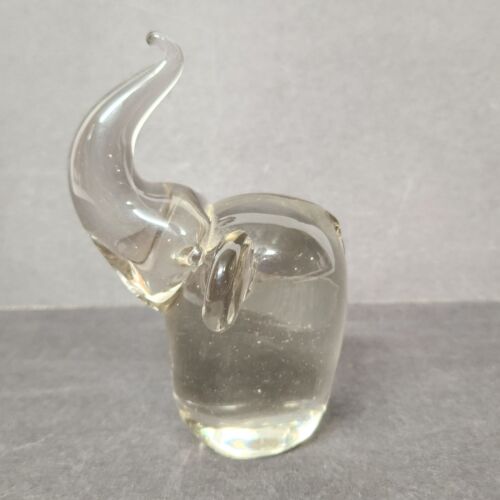 Crystal Clear Elephant Art Glass Figurine Paperweight Trunk Up for Luck Vintage