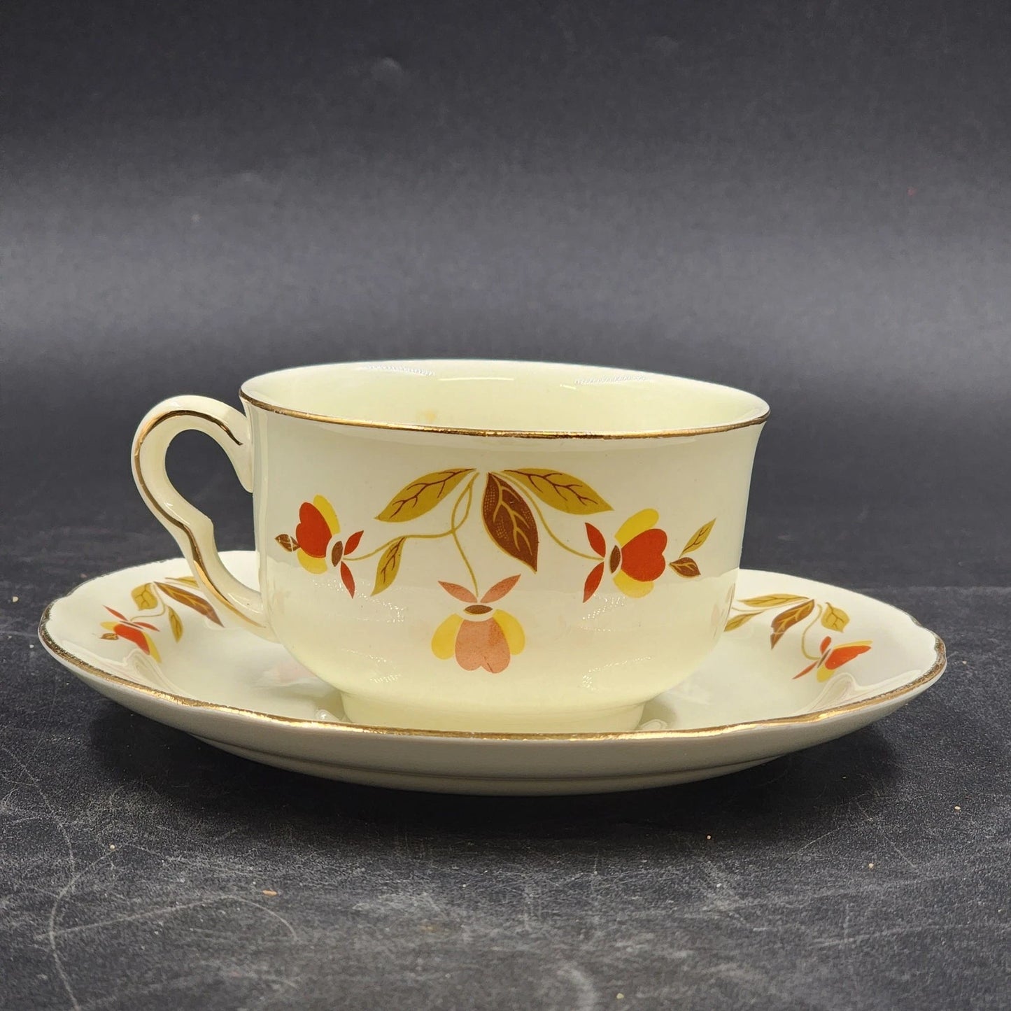 Autumn Leaf Cup & Saucer Set Ruffled D Flat Hall's Superior & Jewel Tea MCM Vtg
