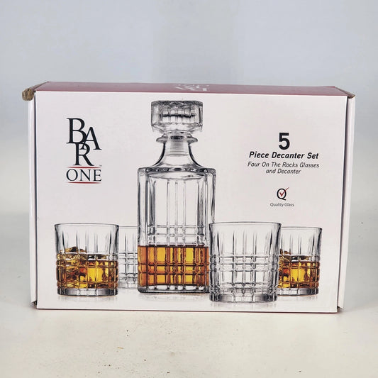 Bar One Lexington Whiskey Decanter Set 5pc Cut Glass 4 Rocks Glasses NOS