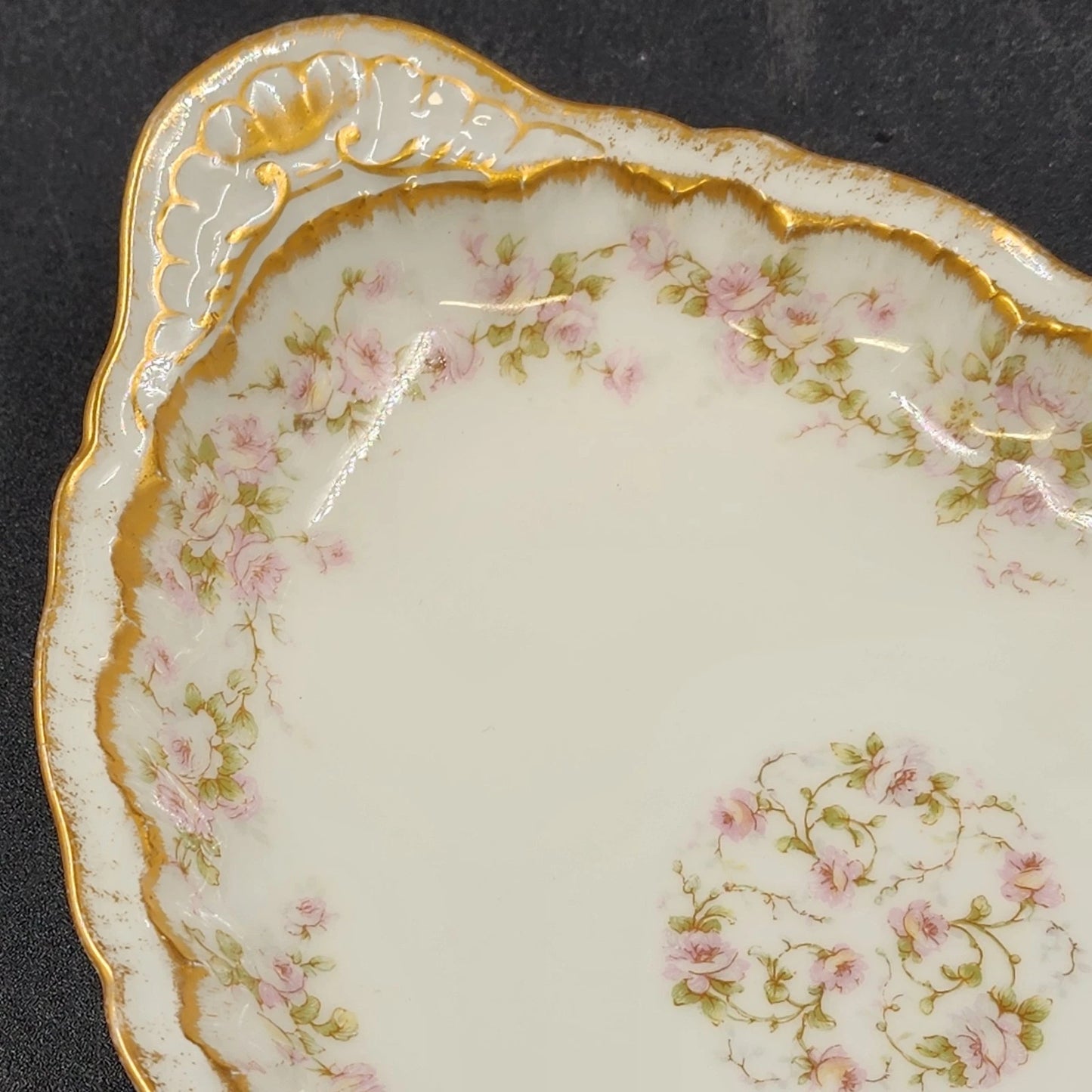 Limoges Ardennes Relish Dish 9.25" Pink Roses Gold Trim Theodore Haviland France