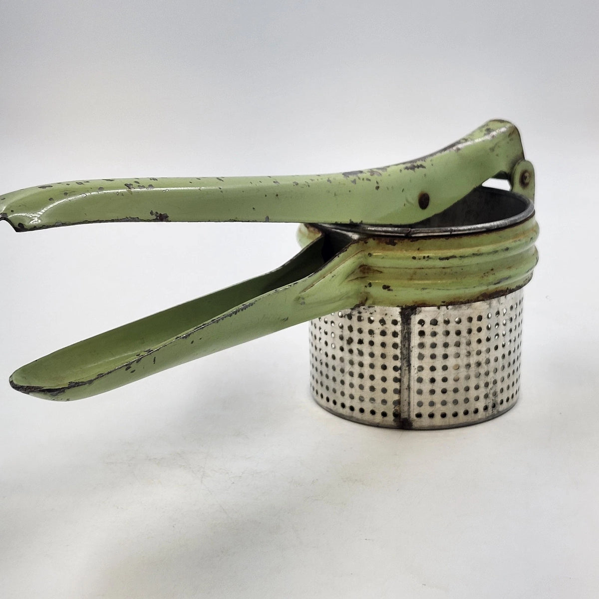 Green Metal Potato Ricer Masher Press 11.5 in Rustic Farmhouse Kitchen Vintage