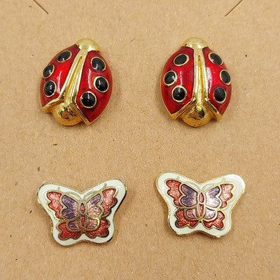 Set of 2 Pairs Earrings Butterfly White Pink & Ladybug Red Black Gold Tone