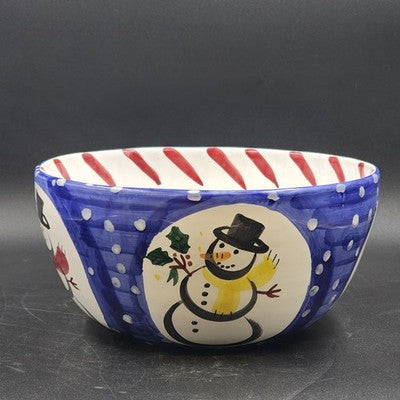 Large Serving Bowl 12" by Present Tense Italy Hand Painted Snowman & Holly Leaf